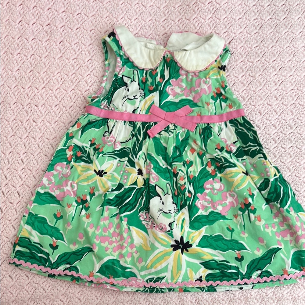 Green Floral Bunny Dress with Pink Bow